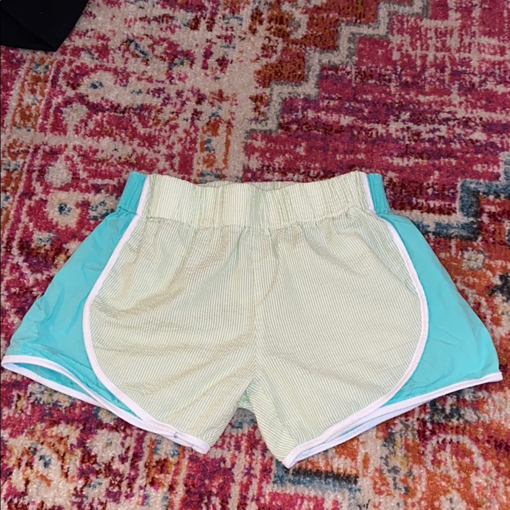 Teal and green seersucker athletic shorts